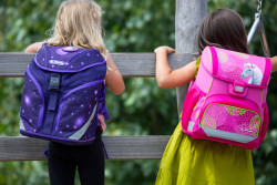Schoolbag, 2 girls, climbing
